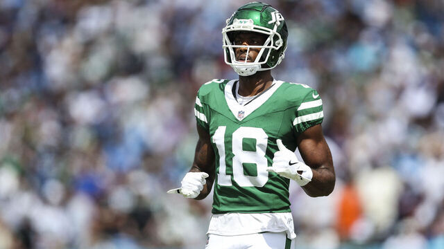 NASHVILLE, TN - SEPTEMBER 15: Mike Williams #18 of the New York Jets looks on from the field during an NFL football game against the Tennessee Titans at Nissan Stadium on September 15, 2024 in Nashville, TN.