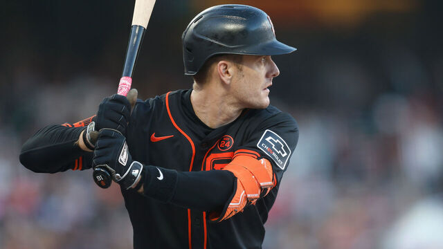 SAN FRANCISCO, CALIFORNIA - AUGUST 31: Mark Canha #16 of the San Francisco Giants at bat against the Miami Marlins at Oracle Park on August 31, 2024 in San Francisco, California.