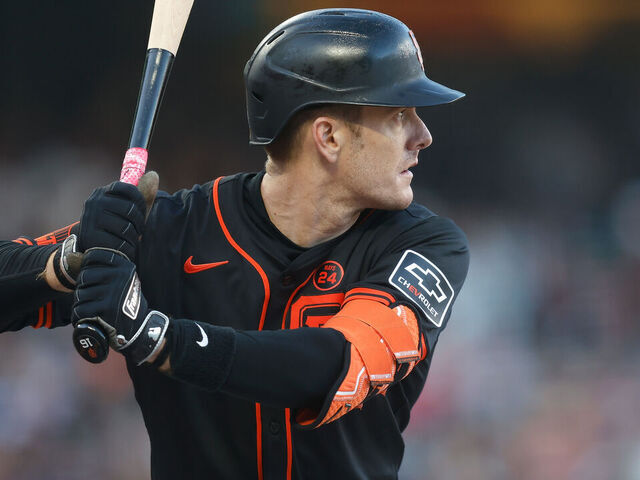 SAN FRANCISCO, CALIFORNIA - AUGUST 31: Mark Canha #16 of the San Francisco Giants at bat against the Miami Marlins at Oracle Park on August 31, 2024 in San Francisco, California.