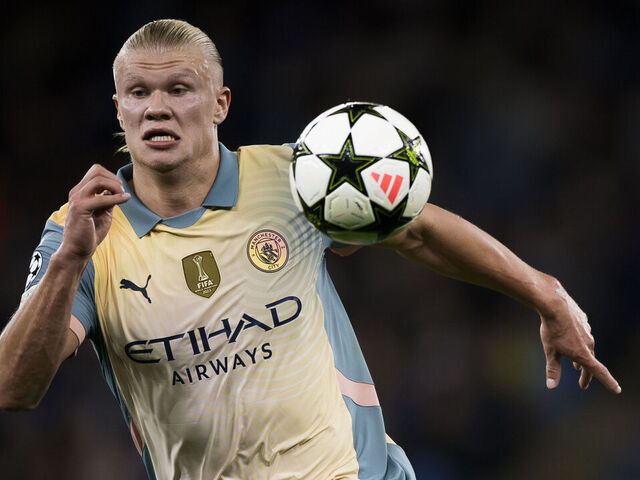 ETIHAD STADIUM, MANCHESTER, UNITED KINGDOM - 2024/09/18: Erling Haaland of Manchester City FC in action during the UEFA Champions League 2024/25 league phase football match between Manchester City FC and FC Internazionale. The match ended 0-0 tie.