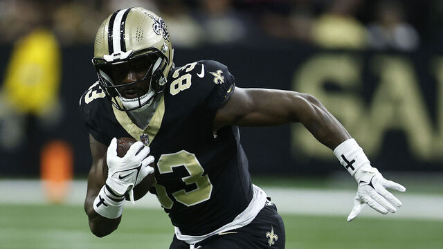NEW ORLEANS, LOUISIANA - OCTOBER 13: Juwan Johnson #83 of the New Orleans Saints in action against the Tampa Bay Buccaneers at Caesars Superdome on October 13, 2024 in New Orleans, Louisiana.