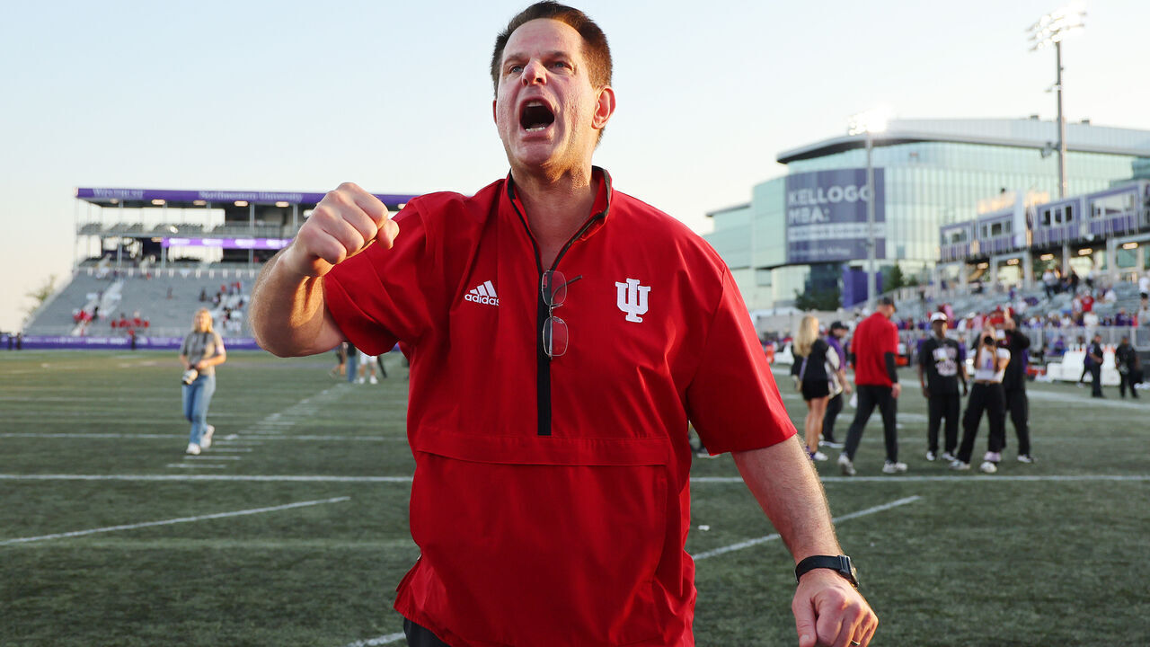 EVANSTON, ILLINOIS - OCTOBER 05: Head coach Curt Cignetti of the Indiana Hoosiers celebrates after defeating the Northwestern Wildcats at Martin Stadium on October 05, 2024 in Evanston, Illinois.