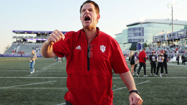 EVANSTON, ILLINOIS - OCTOBER 05: Head coach Curt Cignetti of the Indiana Hoosiers celebrates after defeating the Northwestern Wildcats at Martin Stadium on October 05, 2024 in Evanston, Illinois.