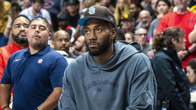 OCEANSIDE, CA - OCTOBER 8: Kawhi Leonard #2 of the LA Clippers looks on during the game against the Brooklyn Nets during a NBA preseason game on October 8, 2024 at Frontwave Arena in Oceanside, California. NOTE TO USER: User expressly acknowledges and agrees that, by downloading and/or using this Photograph, user is consenting to the terms and conditions of the Getty Images License Agreement. Mandatory Copyright Notice: Copyright 2024 NBAE