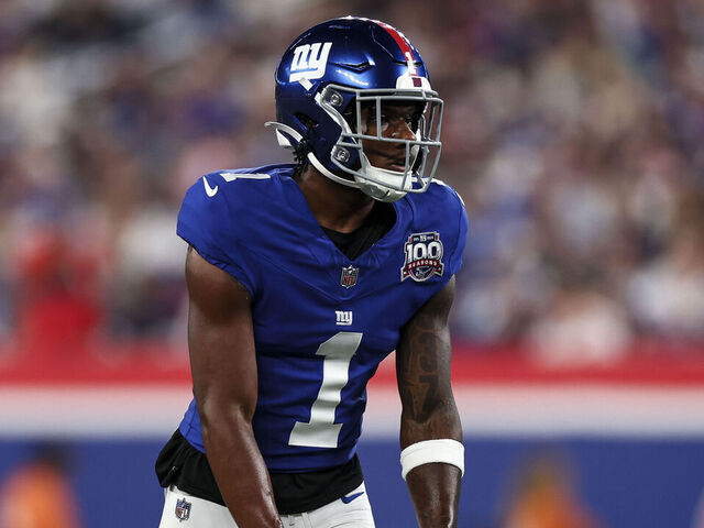 EAST RUTHERFORD, NJ - SEPTEMBER 26: Malik Nabers #1 of the New York Giants lines up before a play during an NFL football game against the Dallas Cowboys at MetLife Stadium on September 26, 2024 in East Rutherford, New Jersey.