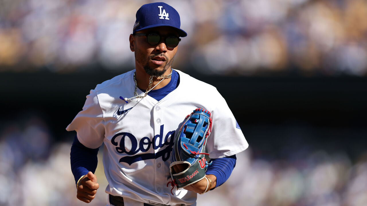 LOS ANGELES, CA - OCTOBER 14: Mookie Betts #50 of the Los Angeles Dodgers leaves the field during Game 2 of the NLCS presented by loanDepot between the New York Mets and the Los Angeles Dodgers at Dodger Stadium on Monday, October 14, 2024 in Los Angeles, California.