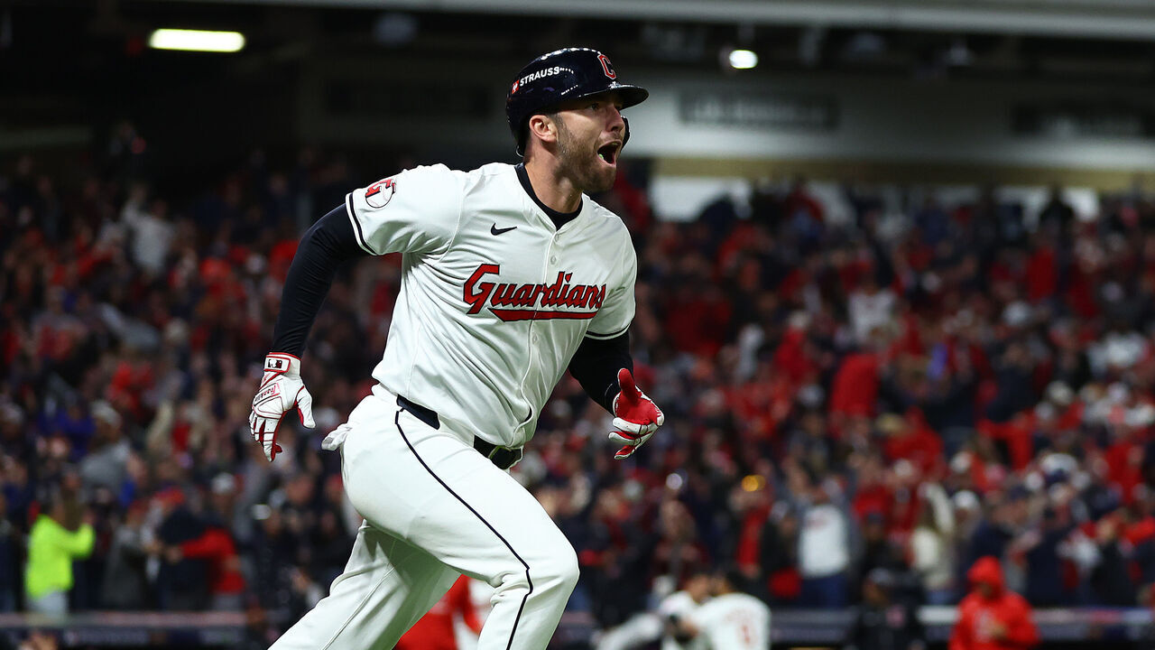 CLEVELAND, OHIO - OCTOBER 17: David Fry #6 of the Cleveland Guardians celebrates hitting a two run home run during the tenth inning against the New York Yankees during Game Three of the American League Championship Series at Progressive Field on October 17, 2024 in Cleveland, Ohio.