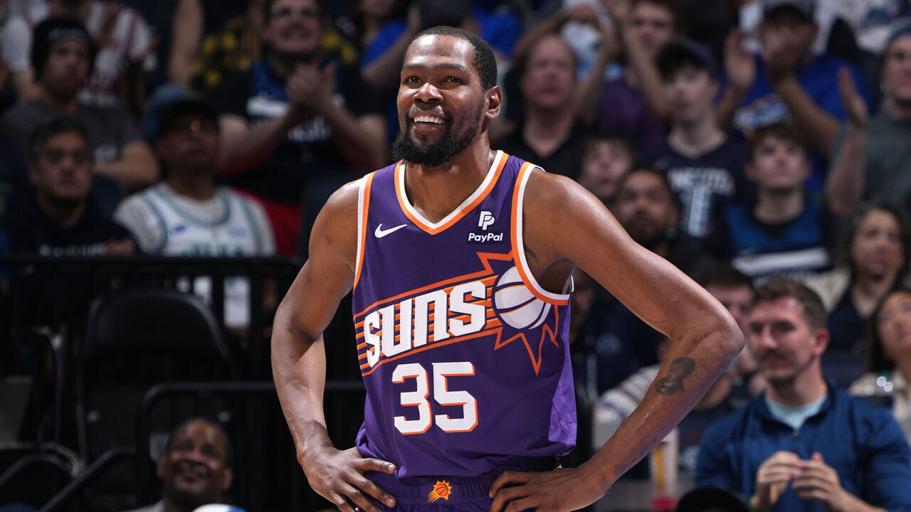 MINNEAPOLIS, MN - APRIL 14: Kevin Durant #35 of the Phoenix Suns smiles during the game against the Minnesota Timberwolves on April 14, 2024 at Target Center in Minneapolis, Minnesota. Mandatory Copyright Notice: Copyright 2024 NBAE
