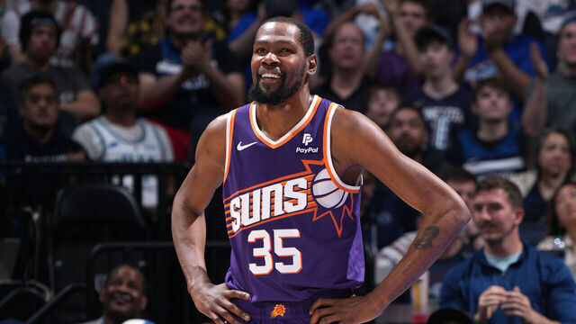 MINNEAPOLIS, MN - APRIL 14: Kevin Durant #35 of the Phoenix Suns smiles during the game against the Minnesota Timberwolves on April 14, 2024 at Target Center in Minneapolis, Minnesota. Mandatory Copyright Notice: Copyright 2024 NBAE