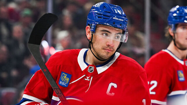 MONTREAL, QC - OCTOBER 17: Look on Montreal Canadiens center Nick Suzuki (14) during the Los Angeles Kings versus the Montreal Canadiens game on October 17, 2024, at Bell Centre in Montreal, QC