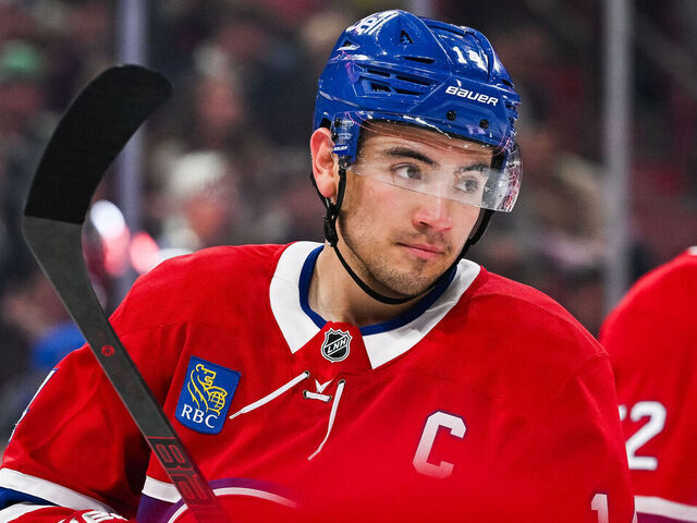 MONTREAL, QC - OCTOBER 17: Look on Montreal Canadiens center Nick Suzuki (14) during the Los Angeles Kings versus the Montreal Canadiens game on October 17, 2024, at Bell Centre in Montreal, QC