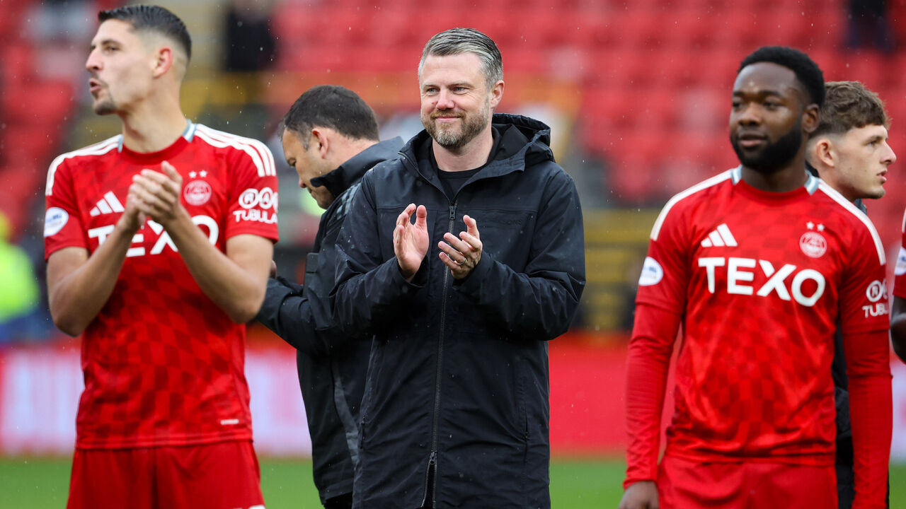 ABERDEEN, SCOTLAND - AUGUST 25: Aberdeen manager Jimmy Thelin at full time during a William Hill Premiership match between Aberdeen and Kilmarnock at Pittodrie, on August 25, 2024, in Aberdeen, Scotland.