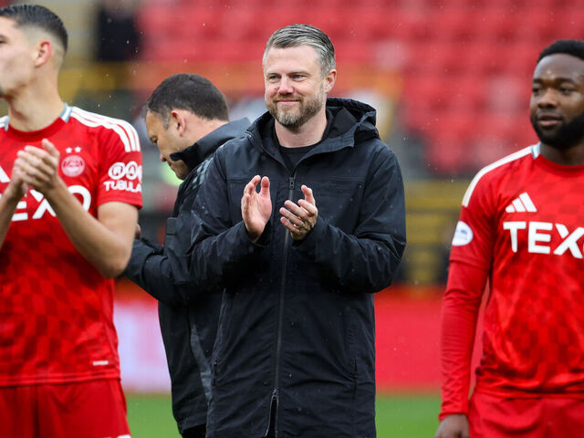 ABERDEEN, SCOTLAND - AUGUST 25: Aberdeen manager Jimmy Thelin at full time during a William Hill Premiership match between Aberdeen and Kilmarnock at Pittodrie, on August 25, 2024, in Aberdeen, Scotland.