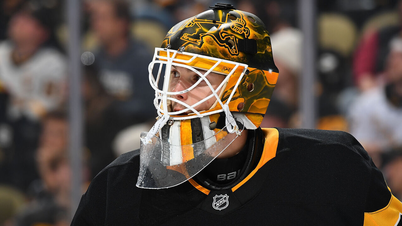 PITTSBURGH, PA - OCTOBER 16: Joel Blomqvist #30 of the Pittsburgh Penguins looks on against the Buffalo Sabres at PPG PAINTS Arena on October 16, 2024 in Pittsburgh, Pennsylvania.