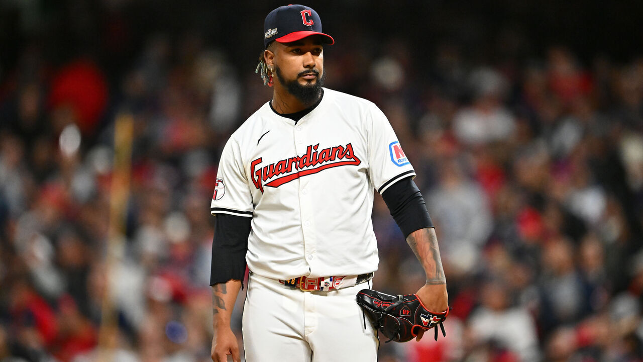 CLEVELAND, OHIO - OCTOBER 17: Emmanuel Clase #48 of the Cleveland Guardians reacts after a home run during the eighth inning against the New York Yankees during Game Three of the American League Championship Series at Progressive Field on October 17, 2024 in Cleveland, Ohio.