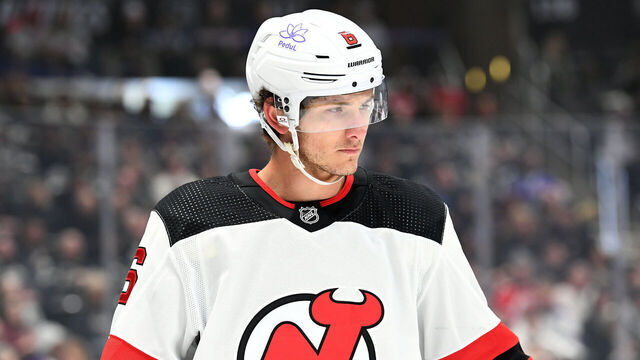 LOS ANGELES, CA - MARCH 03: New Jersey Devils Defenceman John Marino (6) during a game between the New Jersey Devil and the Los Angeles Kings on March 3rd, 2024 at the Crypto.com Arena in Los Angeles, CA.