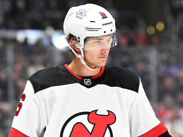 LOS ANGELES, CA - MARCH 03: New Jersey Devils Defenceman John Marino (6) during a game between the New Jersey Devil and the Los Angeles Kings on March 3rd, 2024 at the Crypto.com Arena in Los Angeles, CA.