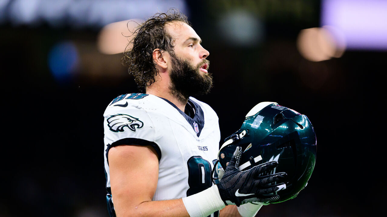 NEW ORLEANS, LOUISIANA - SEPTEMBER 22: Dallas Goedert #88 of the Philadelphia Eagles looks on against the New Orleans Saints at Caesars Superdome on September 22, 2024 in New Orleans, Louisiana.