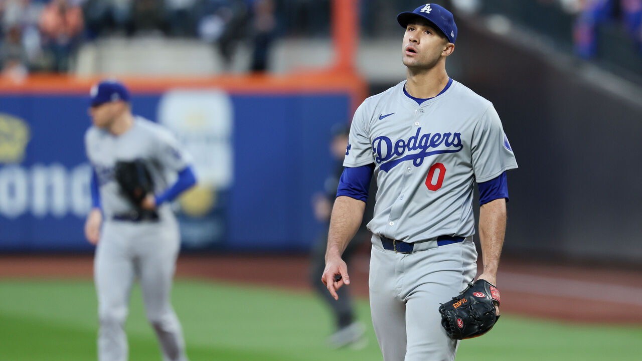 NEW YORK, NEW YORK - OCTOBER 18: Jack Flaherty #0 of the Los Angeles Dodgers walks off the mound after getting the third out during the second inning in game five of the National League Championship Series against the New York Mets at Citi Field on Friday, Oct. 18, 2024 in New York. (Robert Gauthier / Los Angeles Times via Getty Images)