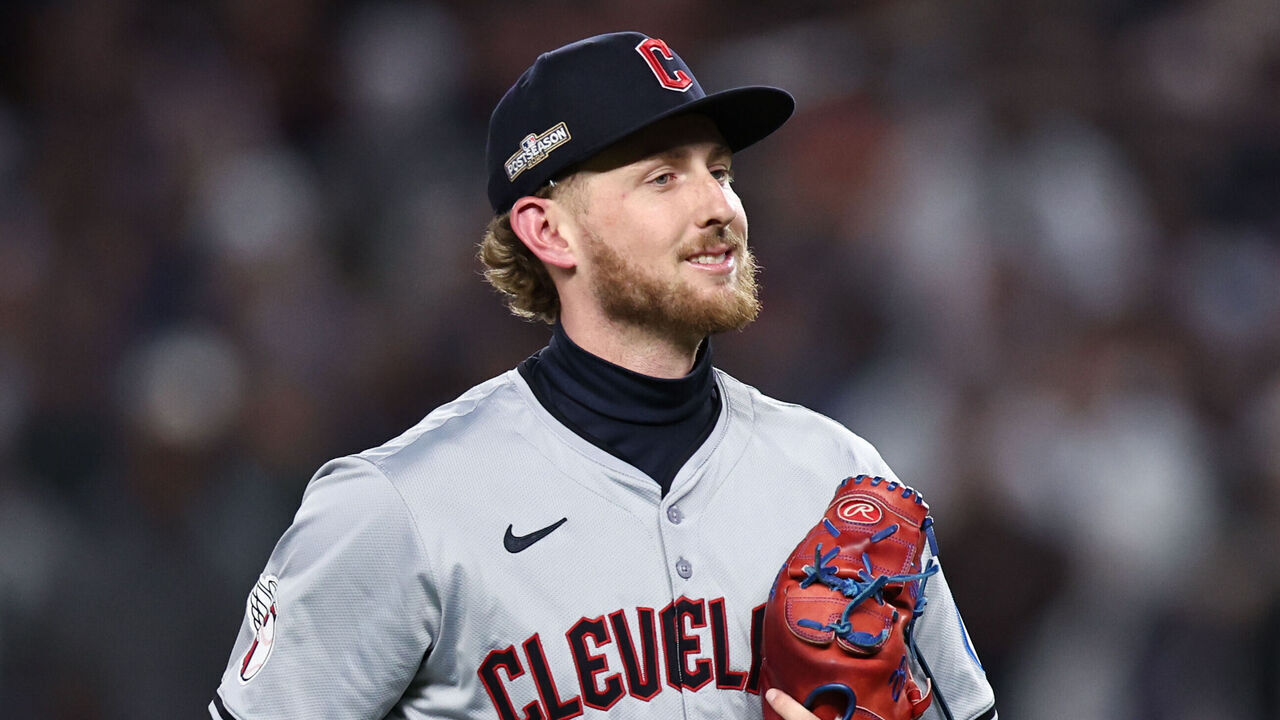 NEW YORK, NY - OCTOBER 15: Tanner Bibee #28 of the Cleveland Guardians leaves the field in the second inning during Game 2 of the ALCS presented by loanDepot between the Cleveland Guardians and the New York Yankees at Yankee Stadium on Tuesday, October 15, 2024 in New York, New York.