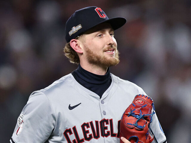 NEW YORK, NY - OCTOBER 15: Tanner Bibee #28 of the Cleveland Guardians leaves the field in the second inning during Game 2 of the ALCS presented by loanDepot between the Cleveland Guardians and the New York Yankees at Yankee Stadium on Tuesday, October 15, 2024 in New York, New York.