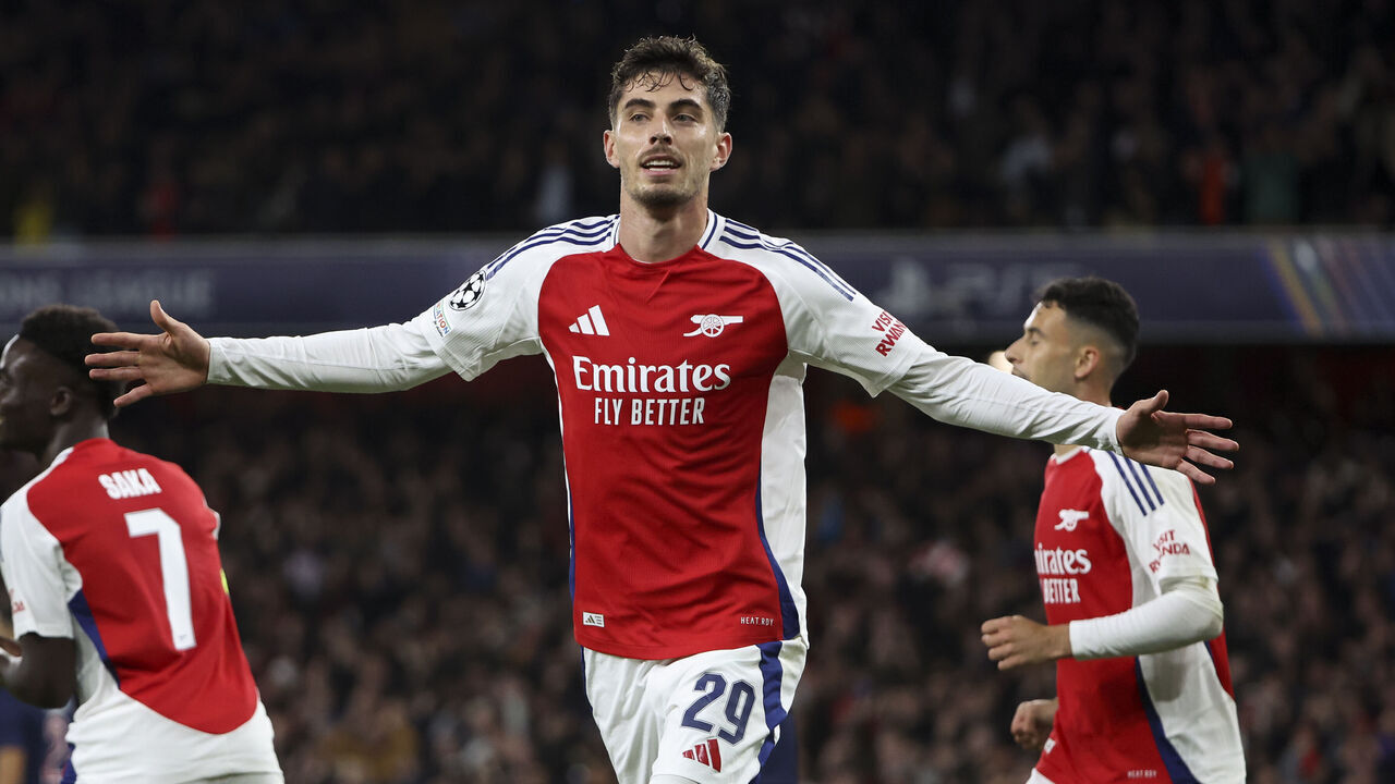 LONDON, ENGLAND - OCTOBER 1: Kai Havertz of Arsenal celebrates his goal during the UEFA Champions League 2024/25 League Phase MD2 match between Arsenal FC and Paris Saint-Germain (PSG) at Emirates Stadium on October 1, 2024 in London, England.