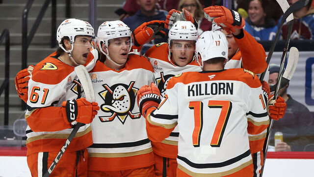 DENVER, COLORADO - OCTOBER 18: Cutter Gauthier #61, Pavel Mintyukov #34, Brian Dumoulin #6, and Alex Killorn #17 of the Anaheim Ducks celebrate a goal by Leo Carlsson #91 against the Colorado Avalanche in the first period at Ball Arena on October 18, 2024 in Denver, Colorado.