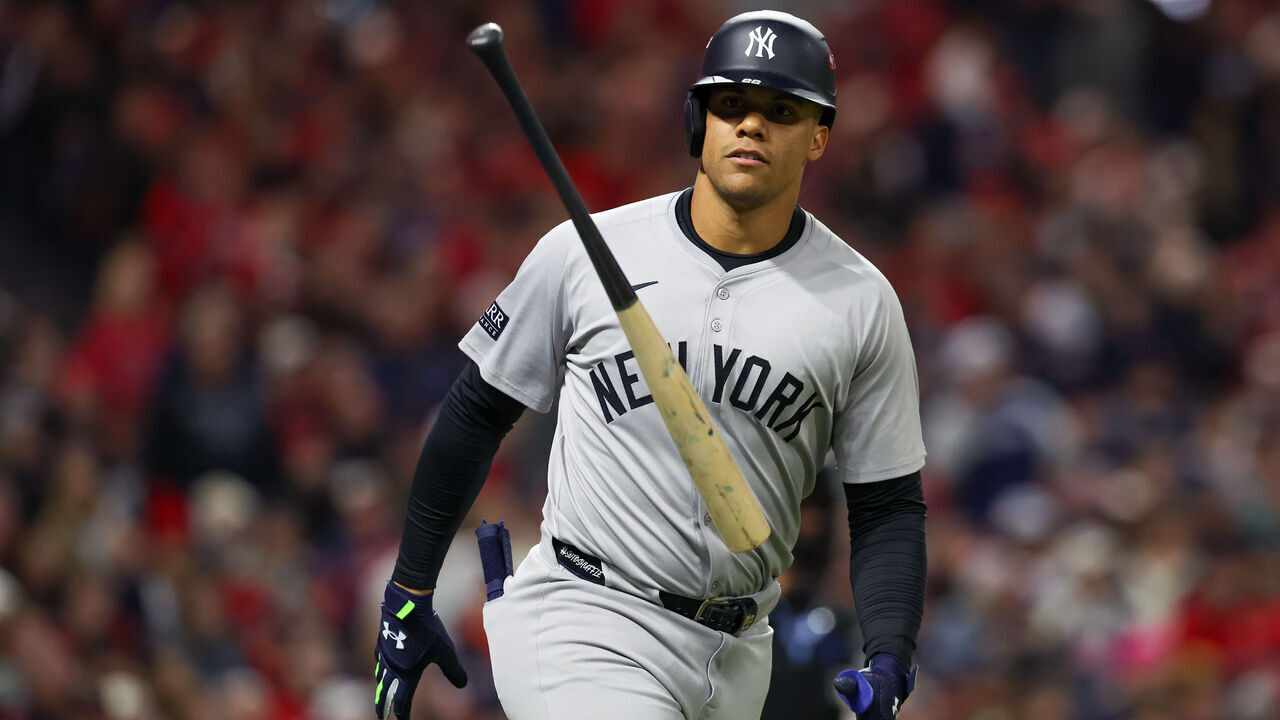 CLEVELAND, OH - OCTOBER 18: Juan Soto #22 of the New York Yankees tosses the bat back to the dugout after hitting a two-run home run in the first inning during Game 4 of the ALCS presented by loanDepot between the New York Yankees and the Cleveland Guardians at Progressive Field on Friday, October 18, 2024 in Cleveland, Ohio.