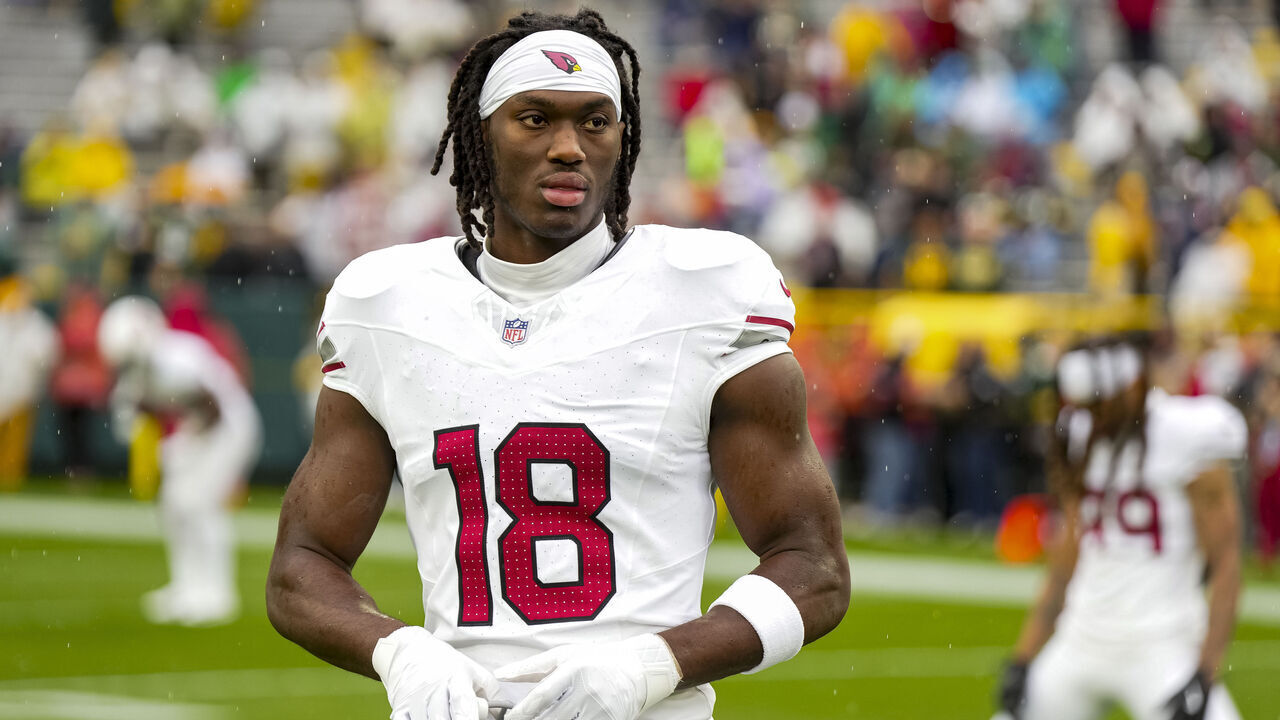 GREEN BAY, WISCONSIN - OCTOBER 13: Wide receiver Marvin Harrison Jr. #18 of the Arizona Cardinals stands on the field prior to an NFL football game against the Green Bay Packers, at Lambeau Field on October 13, 2024 in Green Bay, Wisconsin.
