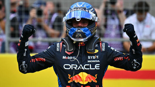 Red Bull Racing's Dutch driver Max Verstappen celebrates winning the United States Formula One Sprint at the Circuit of the Americas in Austin, Texas, on October 19, 2024.