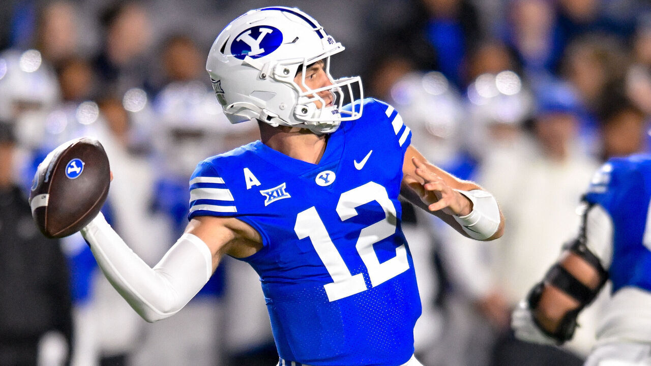 PROVO, UT - OCTOBER 18: Brigham Young Cougars quarterback Jake Retzlaff (12) during a game between the Oklahoma State Cowboys and BYU Cougars on October 18, 2024, at LaVell Edwards Stadium in Provo, Utah.