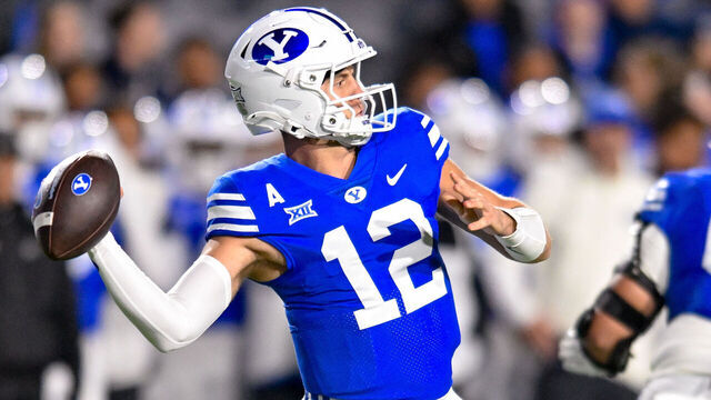 PROVO, UT - OCTOBER 18: Brigham Young Cougars quarterback Jake Retzlaff (12) during a game between the Oklahoma State Cowboys and BYU Cougars on October 18, 2024, at LaVell Edwards Stadium in Provo, Utah.