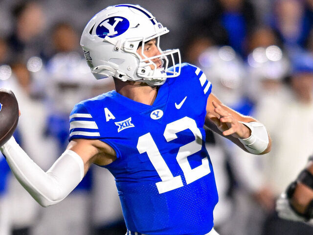 PROVO, UT - OCTOBER 18: Brigham Young Cougars quarterback Jake Retzlaff (12) during a game between the Oklahoma State Cowboys and BYU Cougars on October 18, 2024, at LaVell Edwards Stadium in Provo, Utah.