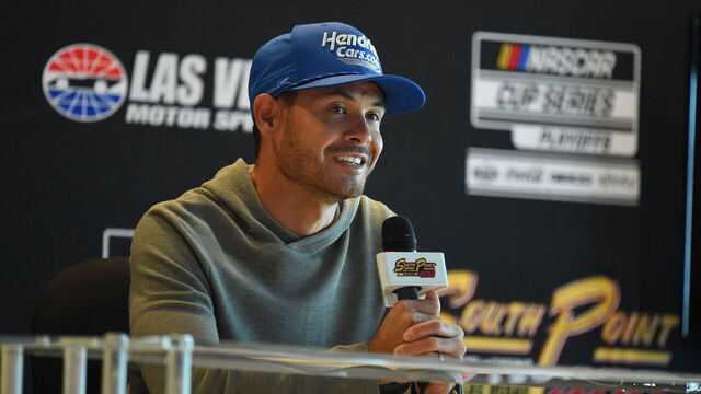 LAS VEGAS, NV - OCTOBER 19: Kyle Larson (#5 Hendrick Motorsports HendrickCars.com Chevrolet) answers questions during a press conference before practice and qualifying for the South Point 400 NASCAR Cup Series playoff race on October 19, 2024, at Las Vegas Motor Speedway in Las Vegas, NV.