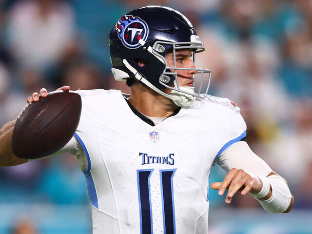 MIAMI GARDENS, FLORIDA - SEPTEMBER 30: Mason Rudolph #11 of the Tennessee Titans throws a pass against the Miami Dolphins during the second half of the game at Hard Rock Stadium on September 30, 2024 in Miami Gardens, Florida.