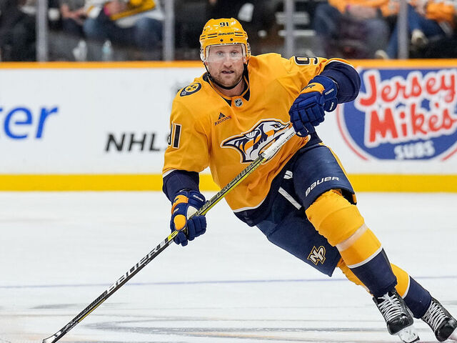 NASHVILLE, TENNESSEE - OCTOBER 19: Steven Stamkos #91 of the Nashville Predators skates against the Detroit Red Wings during an NHL game at Bridgestone Arena on October 19, 2024 in Nashville, Tennessee.