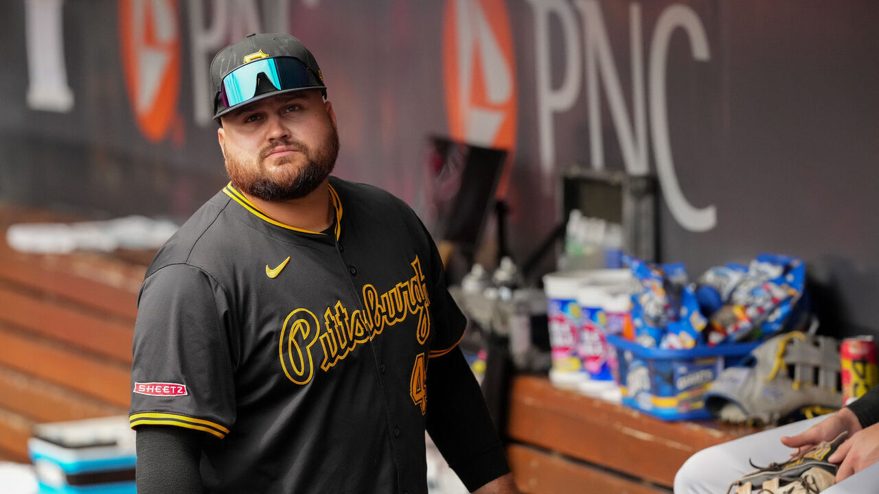 CINCINNATI, OHIO - SEPTEMBER 22: Rowdy Tellez #44 of the Pittsburgh Pirates looks on before the game against the Cincinnati Reds at Great American Ball Park on September 22, 2024 in Cincinnati, Ohio.