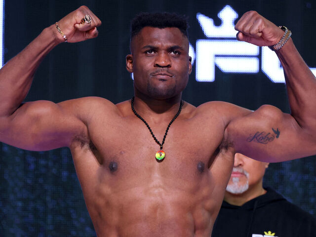 Cameroon's Francis Ngannou gestures during a weigh-in in Riyadh on October 18, 2024, ahead of tomorrow's PFL Super Fight "Battle of the Giants's" mixed martial arts bout against Brazil's Renan Ferreira.