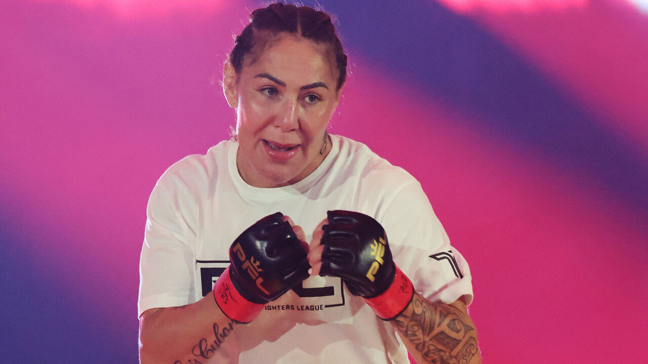 RIYADH, SAUDI ARABIA - OCTOBER 19: Cris Cyborg walks out ahead of the Women's Featherweight World Title fight between Cris Cyborg and Larissa Pacheco as part of the PFL Super Fights: Battle of the Giants card at Kingdom Arena on October 19, 2024 in Riyadh, Saudi Arabia.