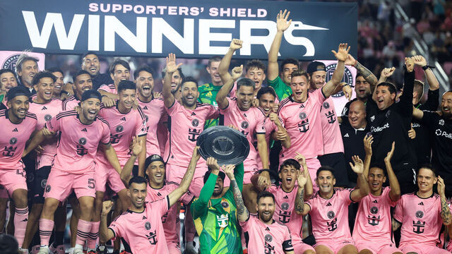 FORT LAUDERDALE, FLORIDA - OCTOBER 19: Lionel Messi #10 and Inter Miami lift the Supporters' Shield after defeating New England Revolution at Chase Stadium on October 19, 2024 in Fort Lauderdale, Florida.