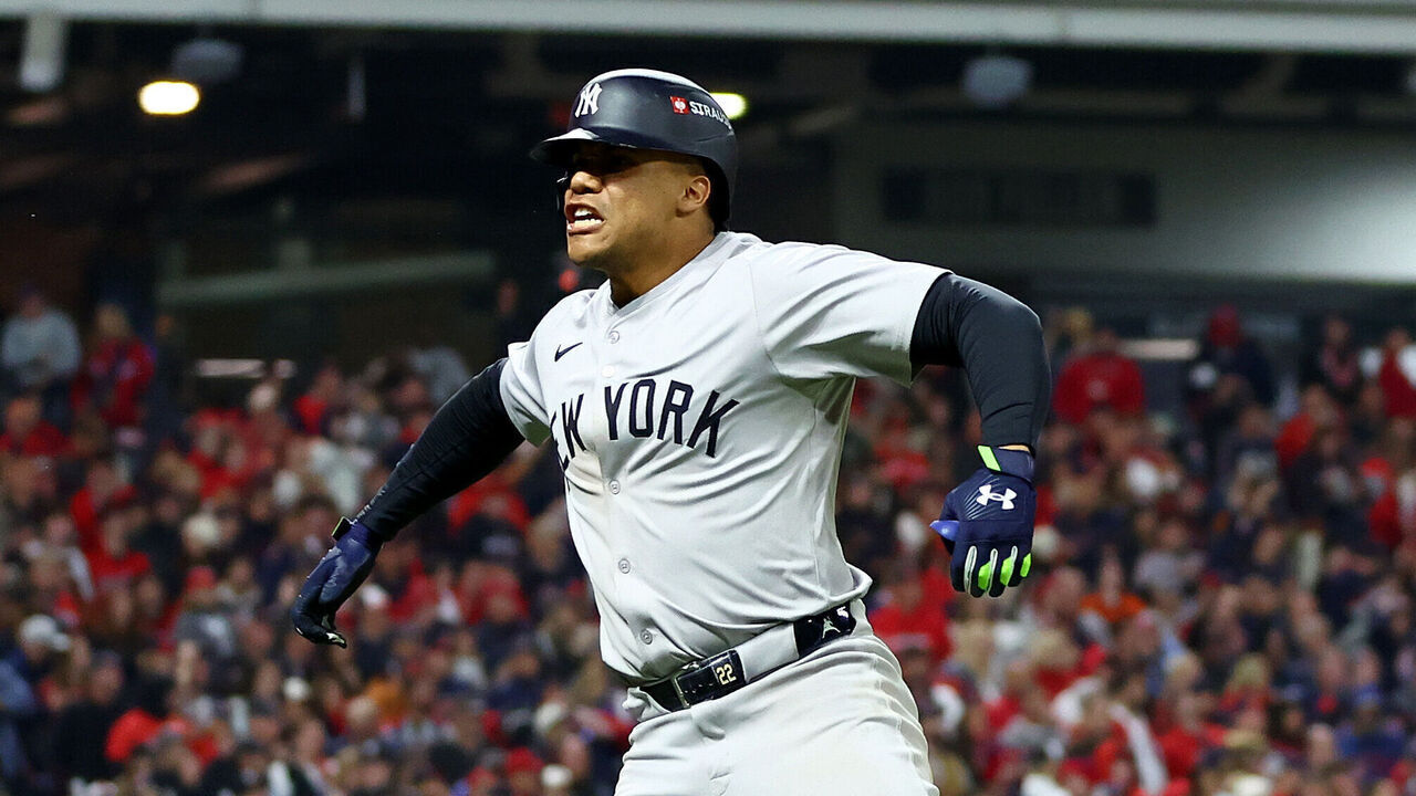 CLEVELAND, OHIO - OCTOBER 19: Juan Soto #22 of the New York Yankees celebrates after hitting a home run in the 10th inning against the Cleveland Guardians during Game Five of the American League Championship Series at Progressive Field on October 19, 2024 in Cleveland, Ohio.