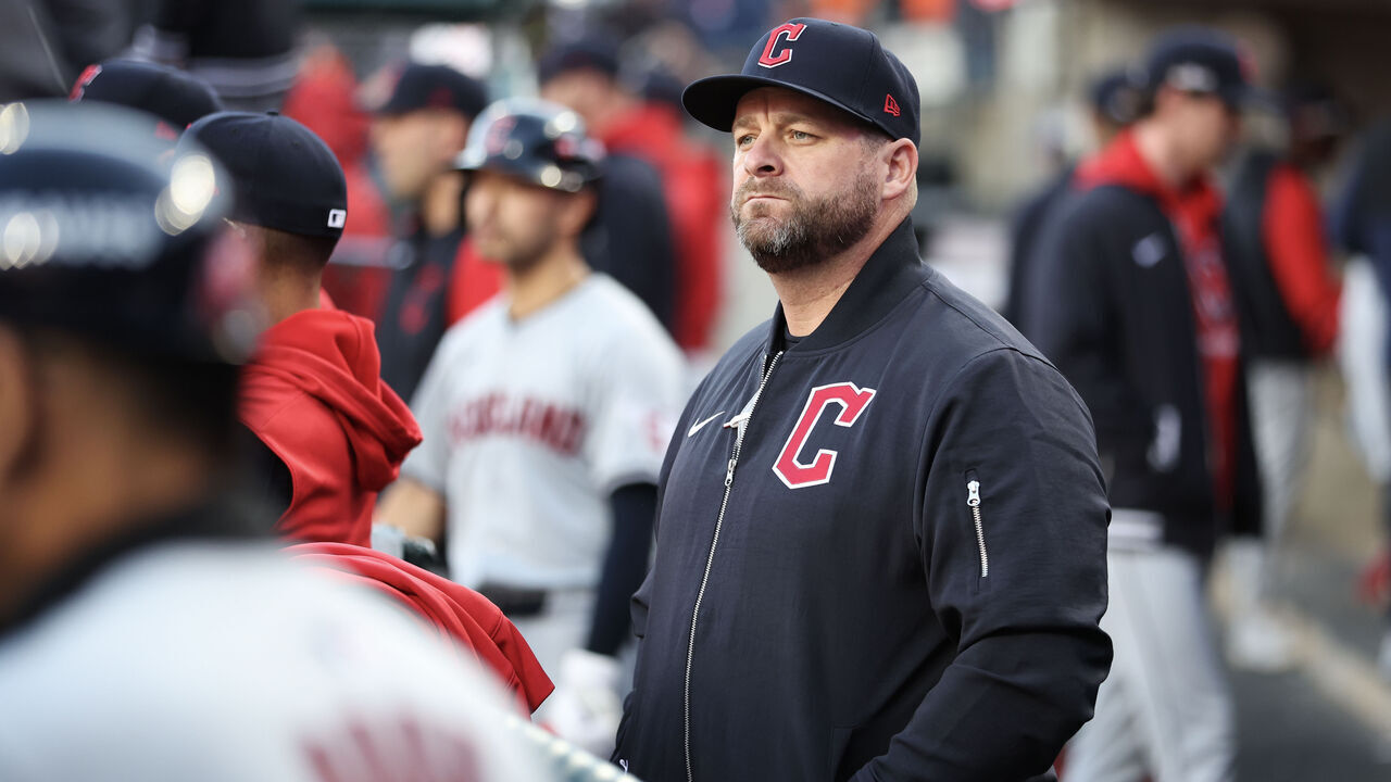 DETROIT, MICHIGAN - OCTOBER 10: Manager Stephen Vogt #12 of the Cleveland Guardians looks on prior to the game against the Detroit Tigers during Game Four of the Division Series at Comerica Park on October 10, 2024 in Detroit, Michigan.