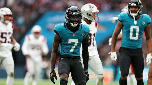 LONDON, ENGLAND - OCTOBER 20: Brian Thomas Jr of Jacksonville Jaguars celebrates a first down catch during the NFL match between New England Patriots and Jacksonville Jaguars at Wembley Stadium on October 20, 2024 in London, England.