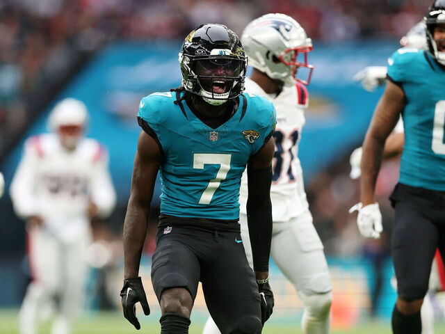 LONDON, ENGLAND - OCTOBER 20: Brian Thomas Jr of Jacksonville Jaguars celebrates a first down catch during the NFL match between New England Patriots and Jacksonville Jaguars at Wembley Stadium on October 20, 2024 in London, England.