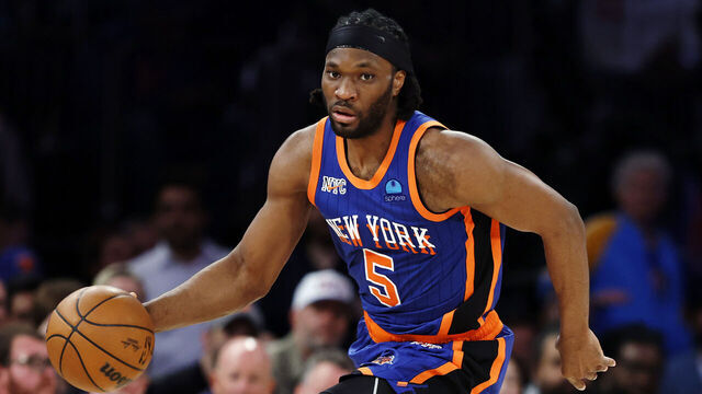 NEW YORK, NEW YORK - MAY 14: Precious Achiuwa #5 of the New York Knicks dribbles during Game Five of the Eastern Conference Second Round Playoffs against the Indiana Pacers at Madison Square Garden on May 14, 2024 in New York City. The Knicks won 121-91.