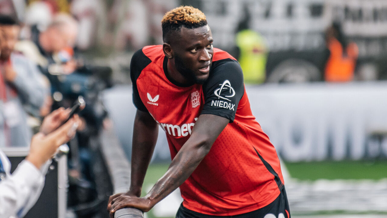 Victor Boniface of Bayer 04 Leverkusen reacts during the Bundesliga match between Bayer 04 Leverkusen and Eintracht Frankfurt at BayArena in Leverkusen, Germany, on October 19, 2024.