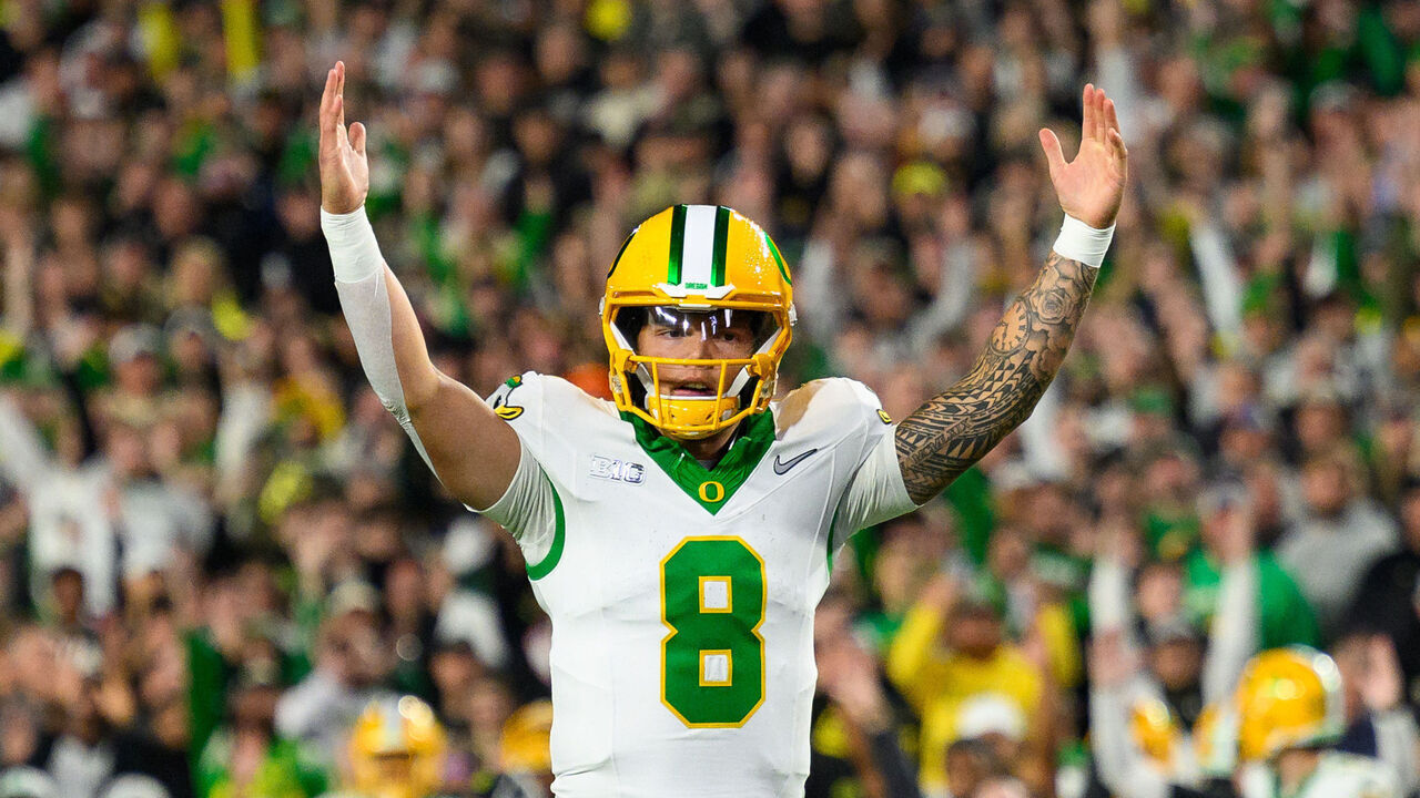 WEST LAFAYETTE, IN - OCTOBER 18: Oregon Ducks quarterback Dillon Gabriel (8) celebrates a touchdown during the college football game between the Purdue Boilermakers and Oregon Ducks on October 18, 2024, at Ross-Ade Stadium in West Lafayette, IN.