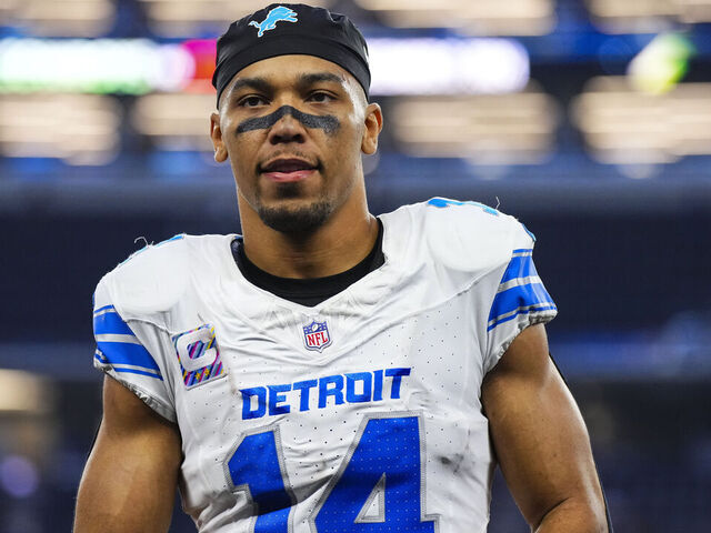 ARLINGTON, TX - OCTOBER 13: Amon-Ra St. Brown #14 of the Detroit Lions walks off of the field after an NFL football game against the Dallas Cowboys at AT&T Stadium on October 13, 2024 in Arlington, Texas.