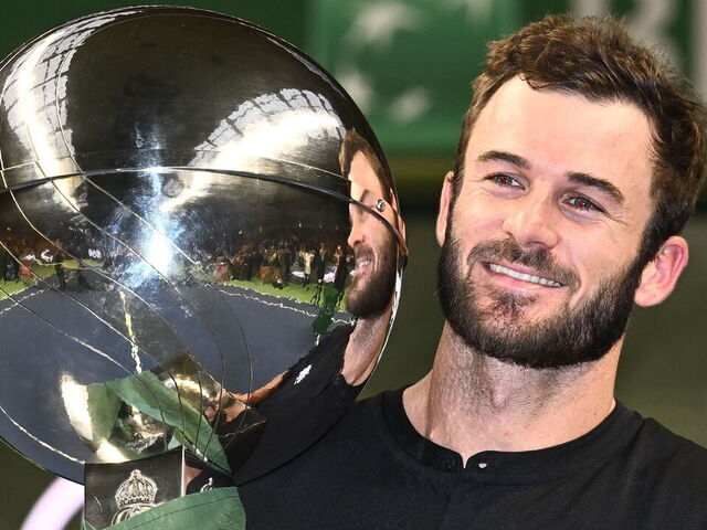 USA's Tommy Paul poses with the trophy after winning the final BNP Paribas Nordic Open ATP tennis singles match against Bulgaria's Grigor Dimitrov at the Royal Tennis Hall, in Stockholm, Sweden, on October 20, 2024.