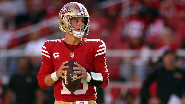 SANTA CLARA, CALIFORNIA - OCTOBER 20: Quarterback Brock Purdy #13 of the San Francisco 49ers looks to pass during the third quarter against the Kansas City Chiefs at Levi's Stadium on October 20, 2024 in Santa Clara, California.